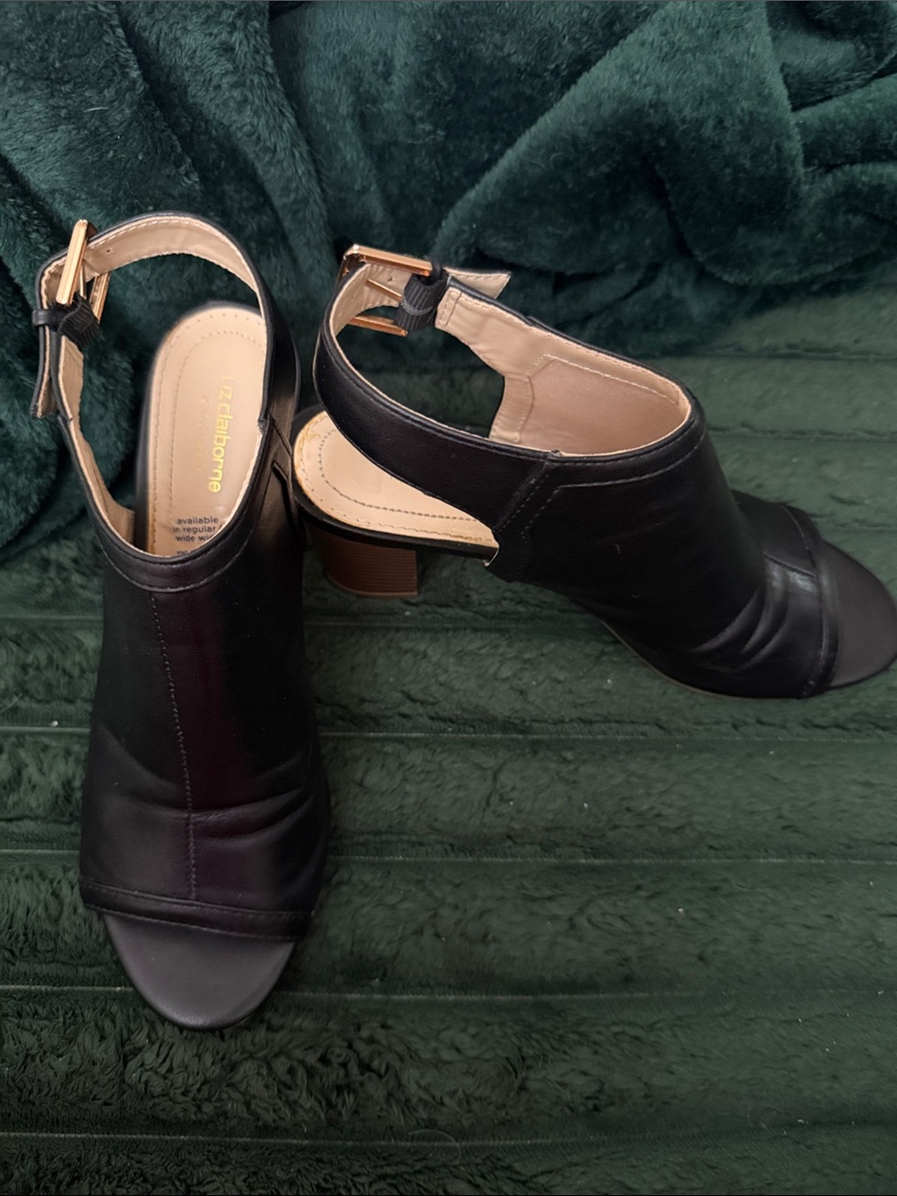 Liz Claiborne Black Leather Open-Toe Slingback Heels with Gold Buckle